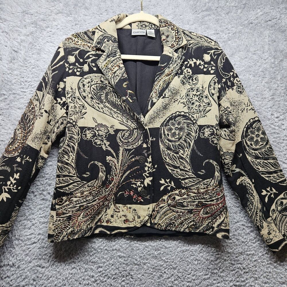 Chicos Black Tapestry Blazer Jacket US Small Chicos 0 Paisley Artsy